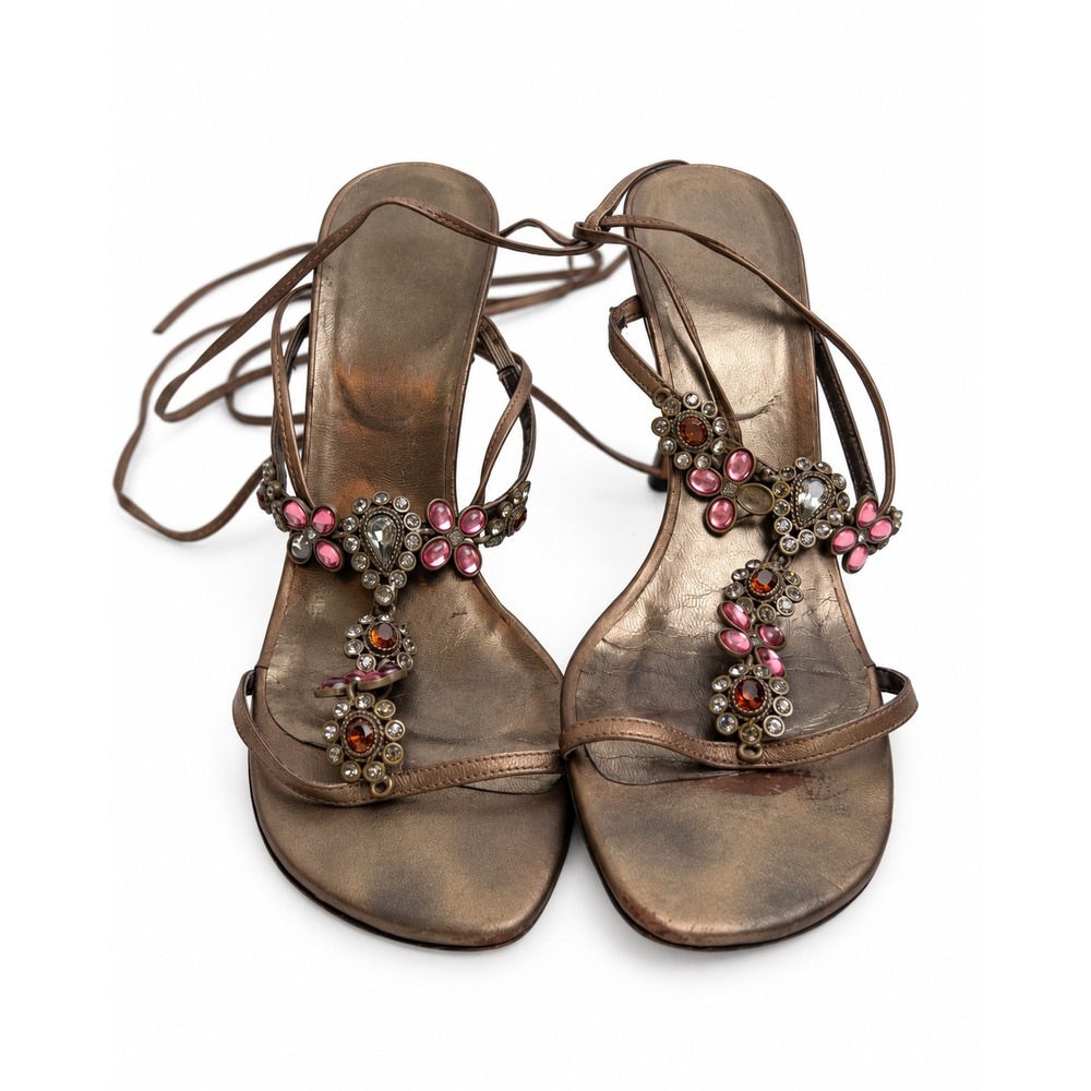 Stuart Weitzman Bronze Metallic Crystal Embellished Lace Up Sandals Heels Size 7